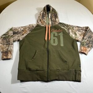Cabela's 61 Zonz Woodlands Camo Full Zip Hoodie Men's XL Green Fleece Sweatshirt